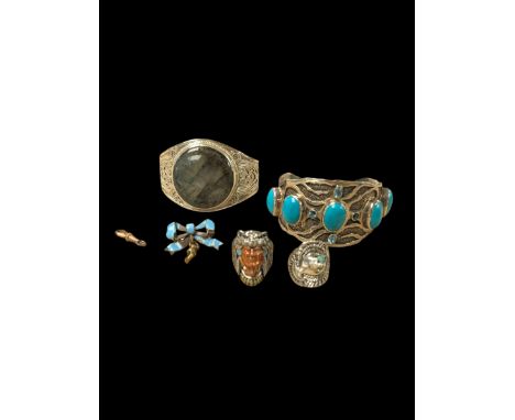 Two silver bangles, including labradorite example, together with two costume jewellery rings and a brass enamel bowCondition 