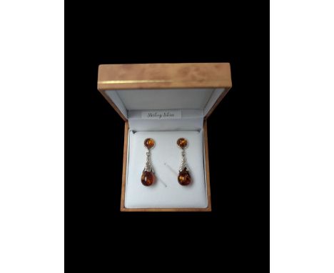 Pair of silver Baltic amber pendant earrings, boxed