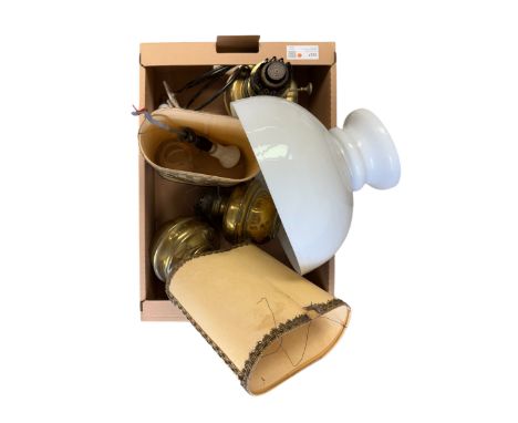 Pair of brass 'oil lamp' wall lamps with coaching scene shades, one other lamp and a large glass shade