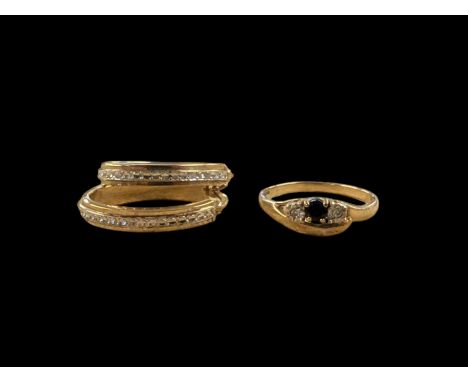 9ct gold jewellery, comprising three stone diamond and sapphire ring and a pair of hoop earrings, both hallmarkedCondition Re