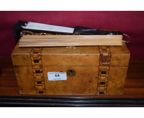 A 19th Century mahogany and inlaid tea caddy; together with two fans 
