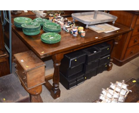 A pine refectory style dining table; with a set of six oak and ladder back chairs