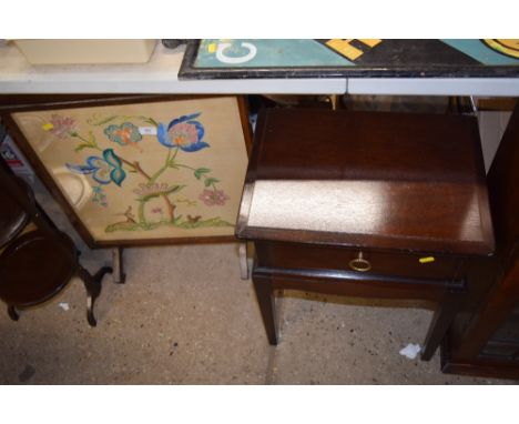 An oak and needlework firescreen; and a Stag bedside table