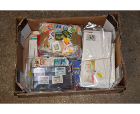 A box of stamps, albums and First Day covers etc. 