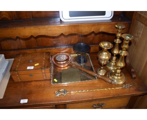 A pair of brass candle sticks; a toasting fork; a tray; a Victorian walnut inlaid box etc. 