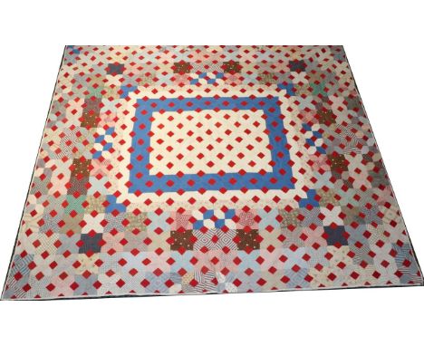 19th Century Mosaic Patchwork Quilt, with central blue square interspersed overall with small turkey red patches, incorporati