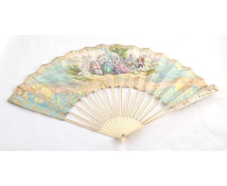 Mid 19th Century Marriage Fan, on slender late 18th century carved and gilded ivory sticks and guards, with diamanté rivet; d