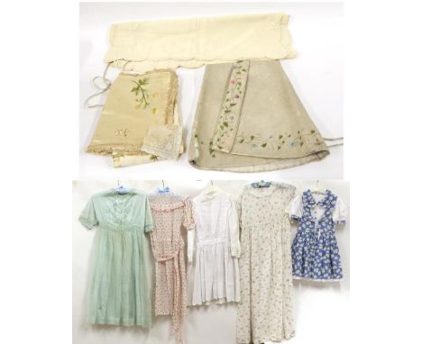 Assorted Early 20th Century Baby Costume and Textiles, including a silk satin rose bud trimmed baby dress, two hand embroider