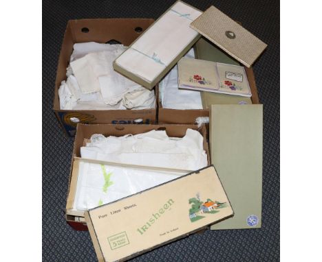 Assorted White Linen and Textiles, Crochet Edged Table Linen, Irish linen sheets in original boxes etc (three boxes)