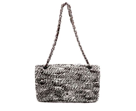 Chanel Brown, White and Black Boucle Quilted Flap Bag, with silver coloured interlocking 'CC' motif clasp, brown leather doub