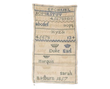 Unframed Sampler Worked by Sarah Redburn, Dated 1857, worked in cross stitch depicting various forms of crowns and coronets w