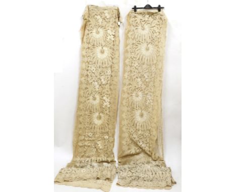 Pair of Late 19th Century French Cornelli Work Lace Appliqué Curtains, with large bold stump work flowers worked over the lac