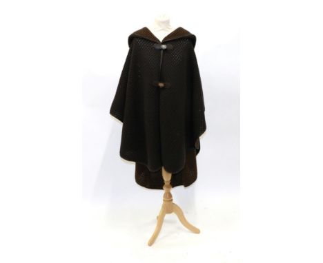 Salvatore Ferragamo Wool and Camel Blend Knitted Brown Hooded Cape, the exterior of dark brown, lighter brown to interior, tr