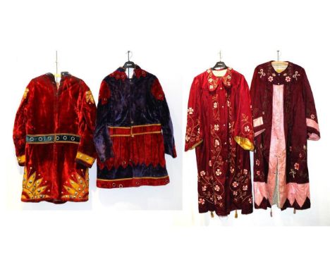 Early 20th Century Theatrical Robes, including two similar long robes in aubergine coloured silk type fabric, silk embroidere