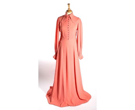 Mid 1970s Ossie Clark for Radley candy pink moss crepe maxi dress, labelled, button-fronted, long full sleeves, large curved 