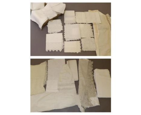 Assorted White Linen and Textiles, including white cotton baby gown and under dress with hand worked lace trims, crochet edge