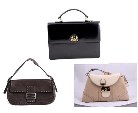 Ralph Lauren Black Leather Handbag, with a gold-tone twin lion 'RL' emblem to front, the interior in two sections and housing