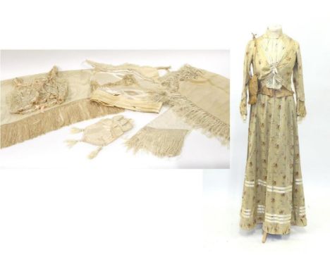 A Circa 1850s Floral Printed Silk and Cotton Two Piece, with a ribbon trimmed bodice; together with a Raffia Reticule; Assort