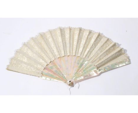 Brussels Mixed Lace Fan, on mother of pearl sticks and guards, the leaf of mainly bobbin appliqué on machine net interspersed