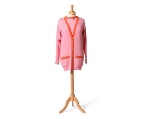 Chanel Boutique Candy Pink Wool Long Line Cardigan, coral trim to neckline and patch pockets, fastened by six decorative gold