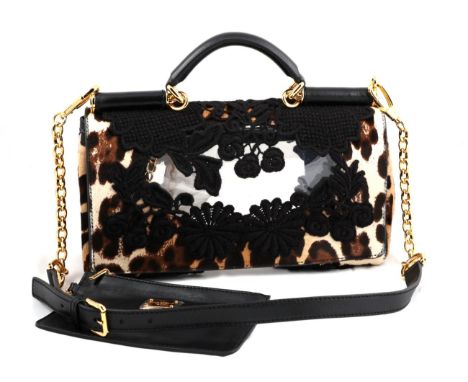 Dolce & Gabbana Animal Print and Floral Flap Shoulder Bag, with transparent vinyl centre surrounded by black foliate design a