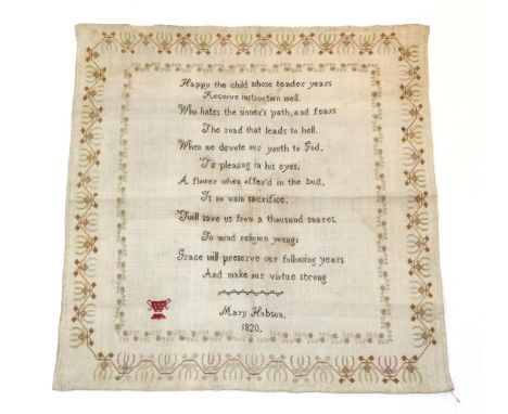 Unframed Needlework Sampler Worked by Mary Hobson, 1820, in cross stitch with central verse, 'Happy the Child whose tender ye
