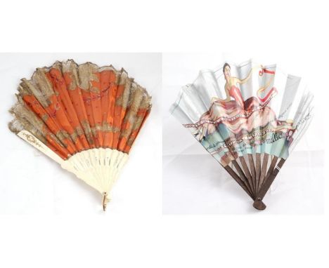 A 1920s Fontange Shape Bone Fan, with orange silk leaf trimmed with gold metallic lace, and applied with small gold and ceris