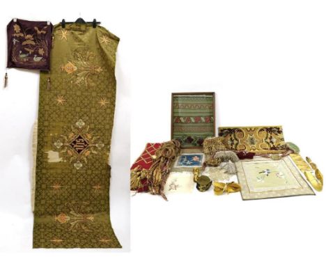 Assorted Embroidery and Haberdashery, including an ecclesiastical panel, worked on green silk brocade with gold and silk thre