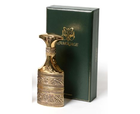 Amouage Homme Silver Gilt Flask and Stopper Modelled as a Persian Dagger, with embossed decoration, bearing the marks Asprey 