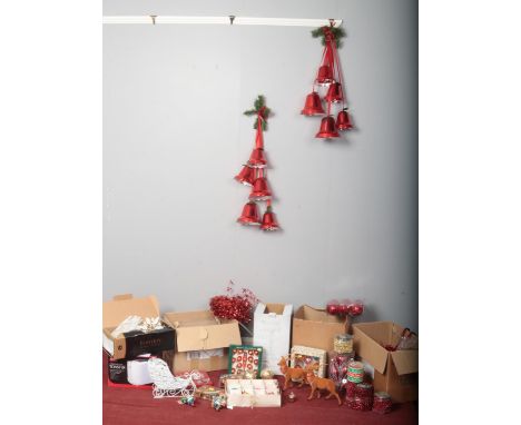 A quantity of Christmas decorations. Baubles (mainly red &amp; gold), vintage assorted baubles, large decorative bells, Reind
