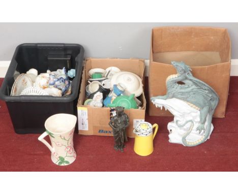 Three boxes of miscellaneous. Including large ceramic dragon, spelter figure, etc.  