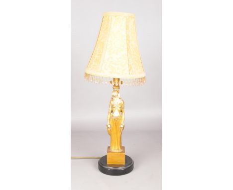 An Art Deco Style Figural Table Light, with Beaded Shade (working).  Damage to the Base and to the Figure.