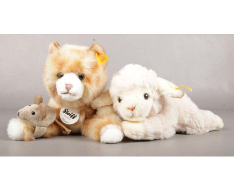 Two Steiff Soft Toys, showing a Cat with Mouse and a Baby Lamb.  