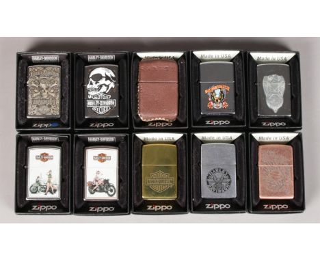 A Series of Ten Boxed Zippo Lighters Focusing on Harley-Davidson.  