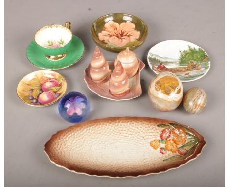 A quantity of mostly ceramics. Including Moorcroft dish, Poole hunting scene plate, paperweight, Carltonware shell cruet set,