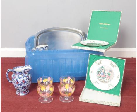 A box of miscellaneous. Vintage sundae dishes, Royal Doulton boxed Christmas plates - 1978, 1979, 1981, etc  