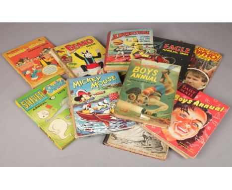 Several vintage annuals. Walt Disney Donald &amp; Mickey 1975, The Beano Book 1953, Doctor Who annual etc.  
