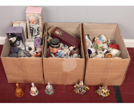 Three boxes of miscellaneous. Includes ceramic ornamental clowns &amp; bells.  