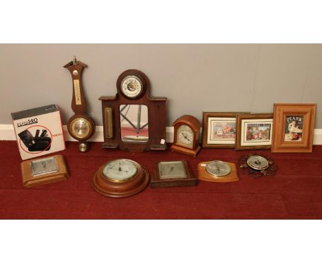 A box of miscellaneous. To include a W Greenwood &amp; Sons oak cased barometer (Leeds &amp; Huddersfield), a boxed Pentax ES