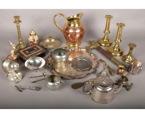 A quantity of metalwares. Incluidng Belgian hammered copper jug, cloisonné lidded jar, candlestick, etc.  