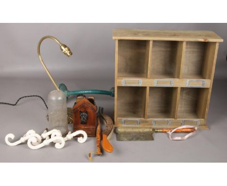 A Box of Assorted Items, to Include a Shelving Unit, Three Piece Fire Companion Set, Cast Metal 'S' Hooks and a Brass Light F
