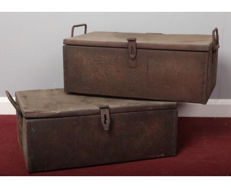 Two vintage metal twin handled crates. (60cm length, 23cm height, 38cm width)  