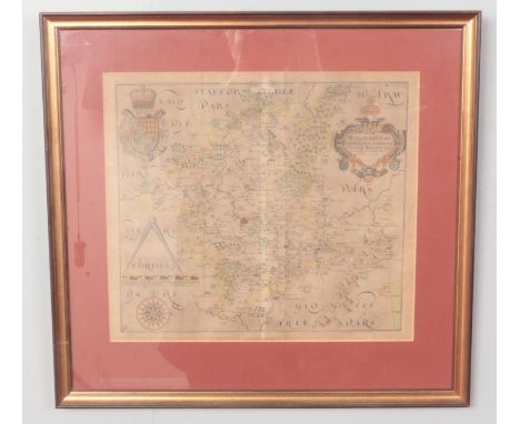 A Christopher Saxton &amp; William Hole antiquarian coloured map of Worcestershire, with coat of arms, two decorative cartouc