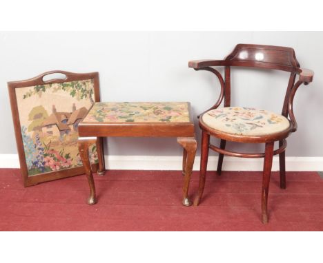 A Bentwood bistro elbow chair with tapestry seat, together with a Mahogany piano seat and fire screen. Elbow Chair: H:81cm,W: