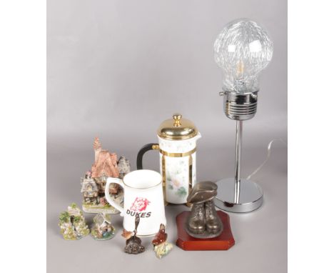 A Box of Miscellaneous Items. To include a Royal Stafford Coffee Pourer, A Novelty Light Bulb Desk Lamp, Two Pieces of Lillip