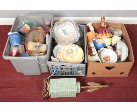Three boxes of miscellaneous. Includes plaster figure, Aynsley, Carltonware etc.  