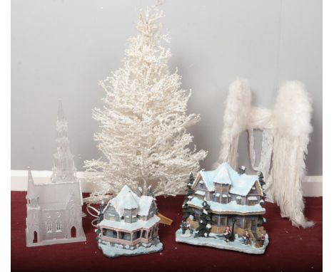 A selection of Christmas decorations. Two Polyresin light up houses, small Christmas tree, Angel wings, etc.  