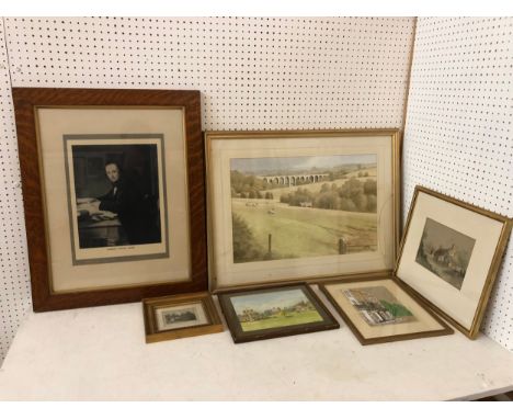 (Local Interest) Six framed paintings and prints, to include: print of Isambard Brunel in solid early 20th century oak frame 