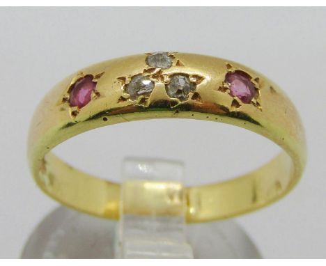 Antique 18ct ruby and diamond gypsy ring, size O, 3.4g 