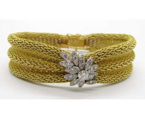 Fine Cartier vintage 18ct yellow gold ribbon bracelet set with a cluster of thirty-seven diamonds in white gold setting, the 